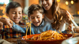 Fototapeta  - A joyful family enjoying a hearty spaghetti meal together, each holding a fork with pasta strands dangling. Ai generated