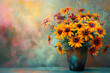 Orange Gardens daisies rudbeckia with dark eyes Susan creative still life with flowers in a vase and a gradient background with vignette. superior quality image