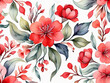 Pattern with red flowers and leaves on white background watercolor floral pattern in pastel color tiles for wallpaper card or fabric pattern design 