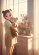 A beautiful kawaii girl hugs a toy teddy bear. A smile happy child girl embrace a teddy bear. Ai generative..