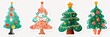 Festive stickers and drawings of cartoon Christmas trees, perfect for Christmas and New Year decorations.