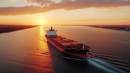 Wall Mural - Aerial view of cargo ship in sea.