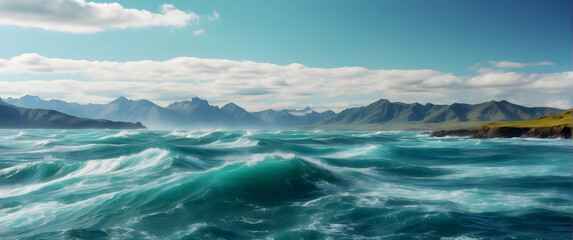 Wall Mural - A panoramic view of powerful ocean waves with distant mountains under a serene blue sky, showcasing nature's wild beauty