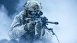 Military sniper in a snow covered mountains.