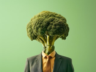 Sticker - A man with broccoli for a head wearing a suit and tie. AI.