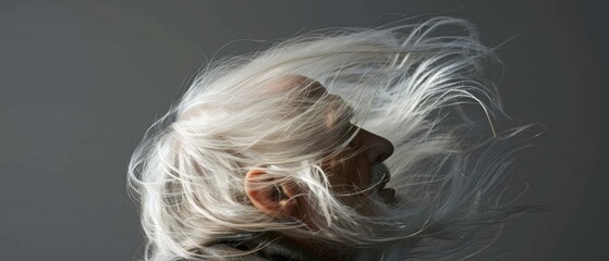 Wall Mural - An elderly man with white hair blowing in the wind. AI.