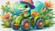 oil painting style CaRTOON CHARACTER CUTE baby dinosaur ride Stylish green tractor isolated on nature background
