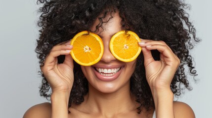 Woman with lemon eyes and skincare in studio for funny smile, health or nutrition background. Girl, African model, fruits for diet, cleanliness, beauty, self-care, and emoji