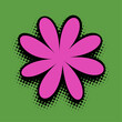 A vibrant magenta flower blooms boldly, with a dark outline set against a lush forest green background dotted in a halftone pattern for a striking pop art effect.