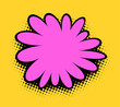A lively square-format illustration of a magenta flower with a pop art flair, featuring bold black outlines against a saffron yellow background, complete with halftone dot shading.