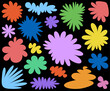 A lively collection of colorful abstract floral and plant shapes set against a black background, perfect for vibrant designs.