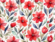 Pattern with red flowers and leaves on white background watercolor floral pattern in pastel color tiles for wallpaper card or fabric pattern design
