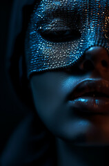 Wall Mural - Blindfolded fashion model wearing eyes mask made of silver beads, dark light, dramatic low light 