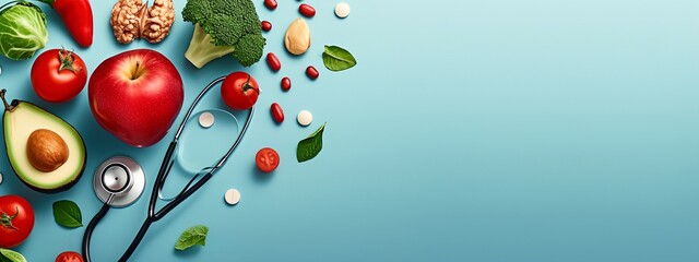 Canvas Print - a variety of fruits and vegetables are arranged on a blue background with a stethoscope