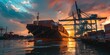 a large ship is docked at a dock at sunset