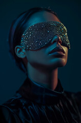 Wall Mural - Blindfolded fashion model wearing eyes mask made of silver beads, dark light, dramatic low light 