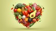  A heart-shaped arrangement composed of various fruits and vegetables, showcasing vibrant colors and textures in a visually appealing display.