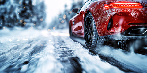 Wall Mural - back rear wheel of a car on a snowy road in winter close up. Luxury red sports car rides on a highway in winter in forest with snow