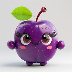 Funny cute purple plum with hands and eyes, 3d illustration on a white background, for advertising and design of fruit jam and dishes