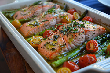 Baked Salmon and Asparagus with Herbs and Tomatoes