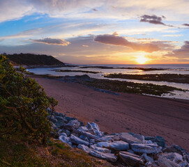 Canvas Print - Sunset ocean coast view from beach (near Saint-Jean-de-Luz, France, Bay of Biscay).