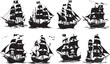 Black pirate ship designs sailing with full masts, suitable for nautical adventure themes