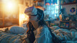Girl Teenager having fun play VR virtual reality goggle , Future digital technology metaverse game and entertainment,3D game futuristic colorful background, Learning with VR Glasses.