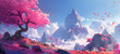 A fantasy world with mountains and rocks in the background, a sakura tree on the left side of the picture, with petals flying around