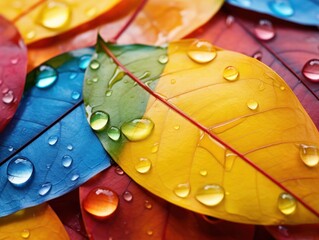 Poster - Colorful Autumn Leaves with Water Droplets