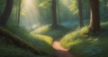 Wall Mural - Beauty nature outdoors woodland morning with magic sun, fantasy paradise path for meditation