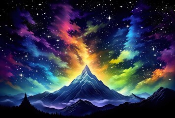 Poster - Vibrant Night Sky Over Majestic Mountain