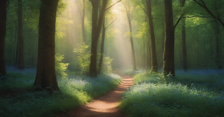 Wall Mural - Beauty nature outdoors woodland morning with magic sun, fantasy paradise path for meditation