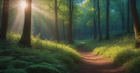 Wall Mural - Beauty nature outdoors woodland morning with magic sun, fantasy paradise path for meditation