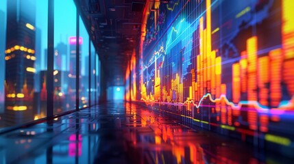 Wall Mural - A futuristic stock market trading floor with glowing graphs and charts.