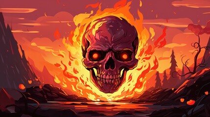 Poster - Fiery Skull in a Dramatic Sunset Landscape