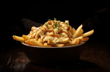 Wall Mural - Delicious poutine with cheese and gravy on a dark background