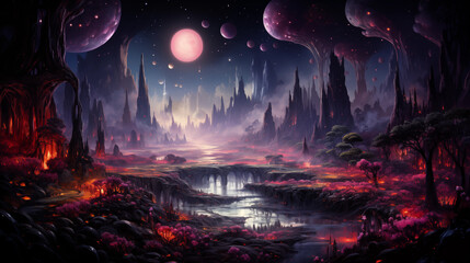 Wall Mural - Fantasy art landscape with moon and planets.