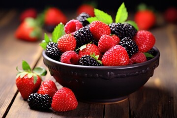 Wall Mural - Fresh Berries in a Bowl on a Wooden Table