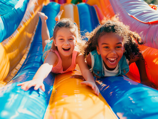 Two smiling girls play on a colorful inflatable slide.