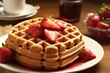 Delicious waffles topped with fresh strawberries on a wooden table