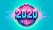 neon numerals '2020' on a digital emblem with radiating circuit patterns on a vibrant turquoise background, celebrating the dawn of a new decade