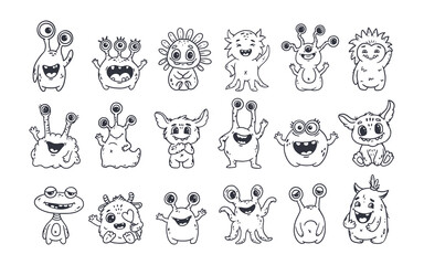 Wall Mural - Big set of cartoon monsters. Cute monsters doodle. Kids funny character design for posters, cards, magazins. Line.