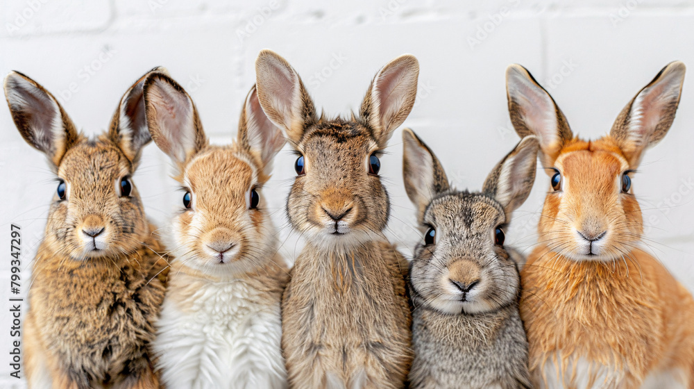Different Color Rabbits Together Charming Lineup of Five Diverse Rabbits Sitting Against a White Brick ...