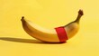 Photorealism, illustration of a banana glued with red tape to a yellow background, illustration resembling a work of comedy lying on a yellow background, banner background, modern art, medical circumc