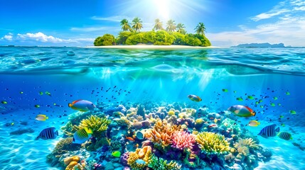 Wall Mural - Tropical Island Paradise with Vibrant Coral Reef. Tranquil Ocean Scene for Travel and Leisure. Nature's Beauty Underwater and Above. Idyllic Vacation Spot. AI