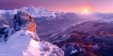 Wall Mural - Landscape of snow-capped mountains at sunset in good weather