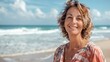 © EarthWalker - Happy smiling middle-aged woman on the beach. AI Generated