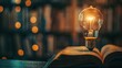Glowing light bulb above open book with bokeh lights background
