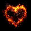 Fire heart isolated on black background. Flame symbol of love, intense emotions, passion. Gift for Valentine's Day