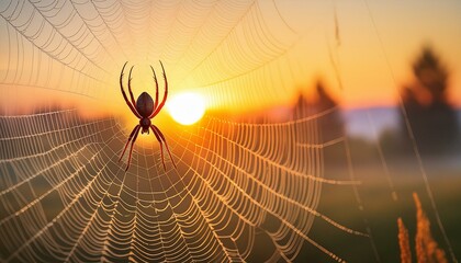 A close-up of a spider in its intricate web during sunrise,